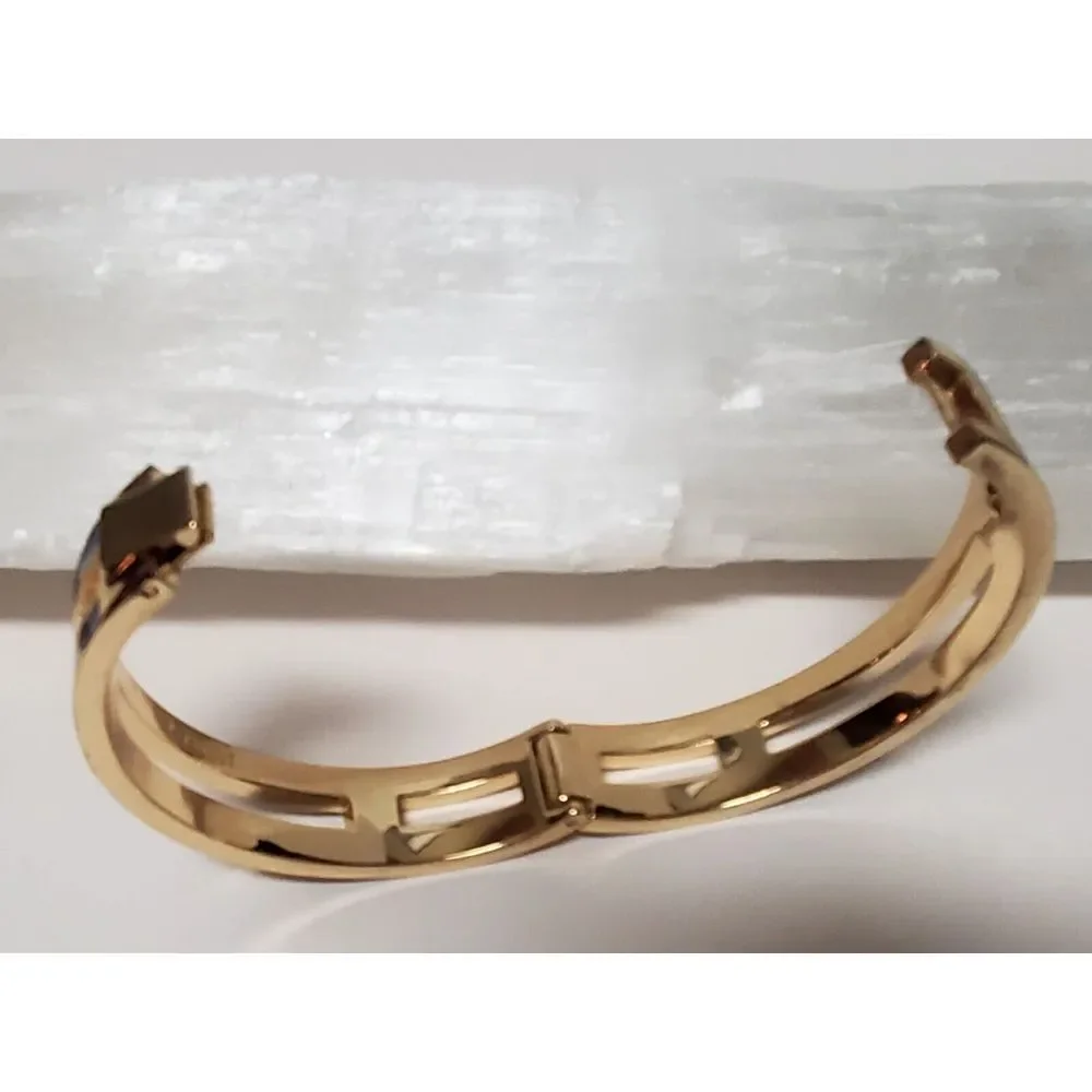 J. Crew Bracelet Hinged with Lock Navy Blue Enamel Gold Pierced Panels Bordered - Picture 9 of 12